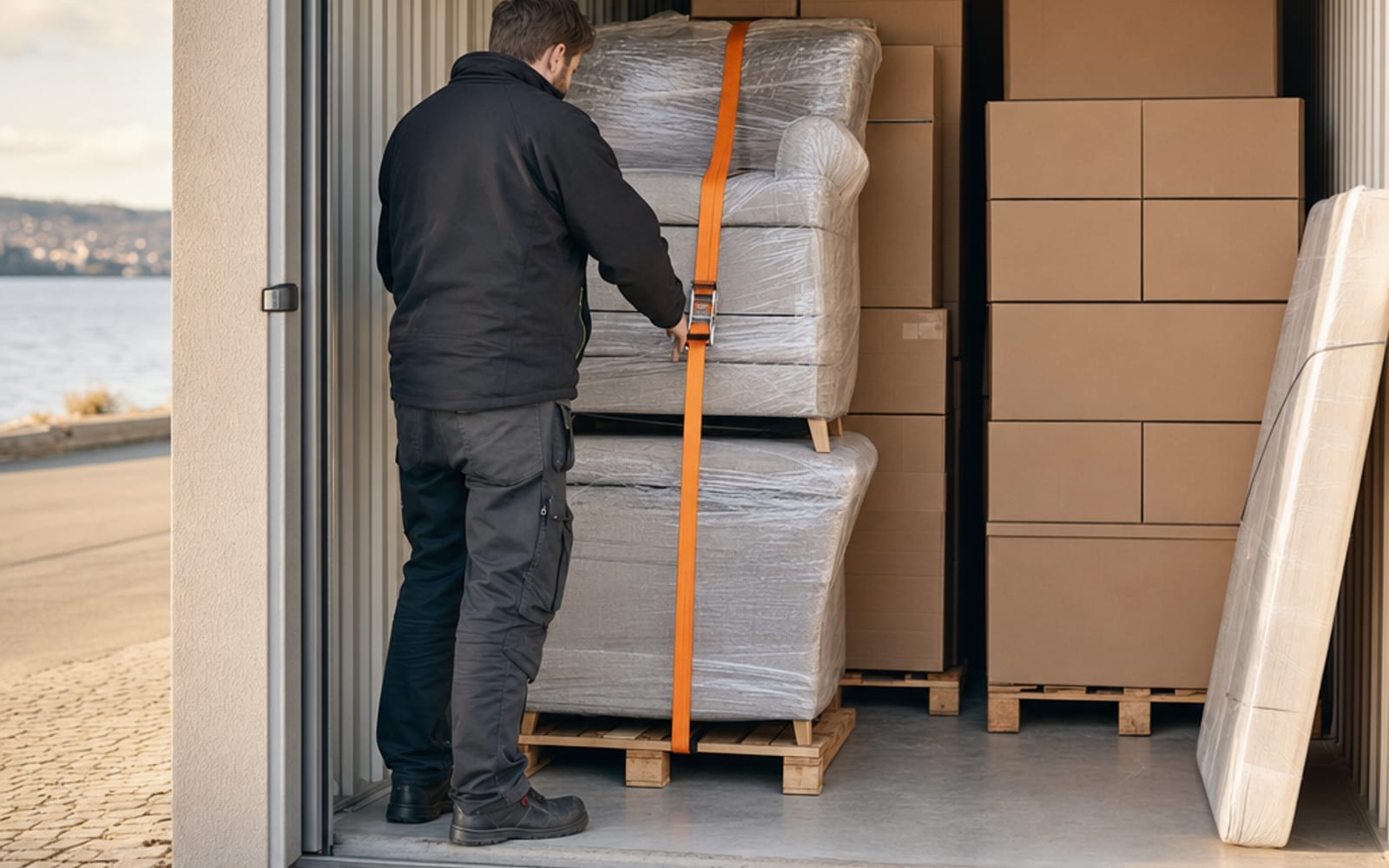 Ordentlich eingelagerte, verpackte Möbel in einer sauberen Lagerbox
