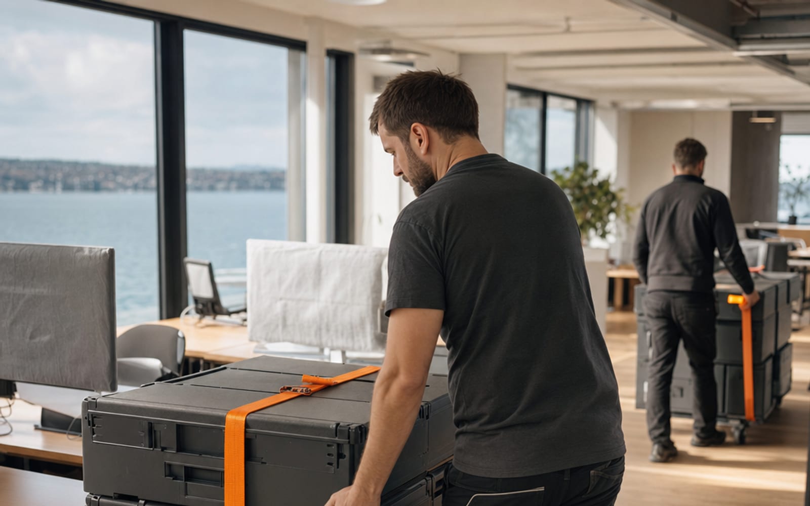 Umzugsteam rollt Transportkisten durch ein modernes Büro mit Seeblick