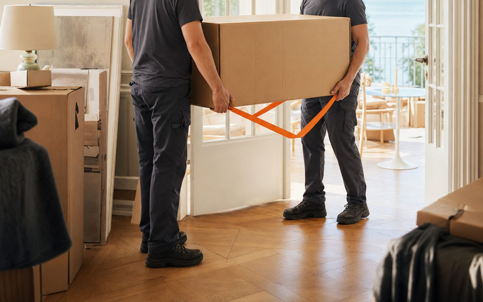 Zwei Umzugshelfer tragen einen Karton durch eine helle Altbauwohnung