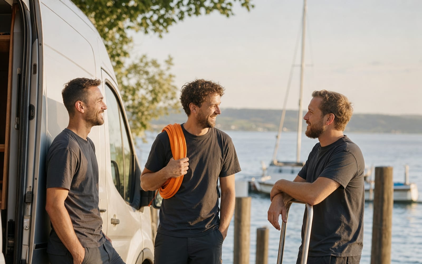 Das Umzugsteam am Hafen von Friedrichshafen